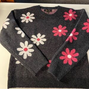 Truth By Republic Sweater Women Black Pink White Floral Crewneck Pullover Large